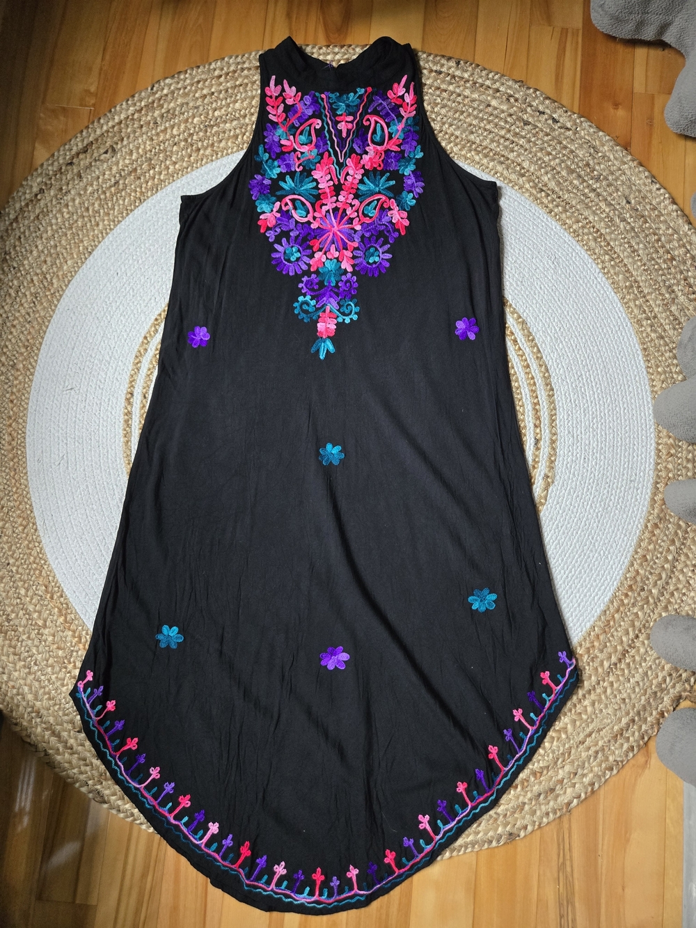 Black Midi Dress Embroidered Neckline Boho Chic Festival Hippie Resortwear